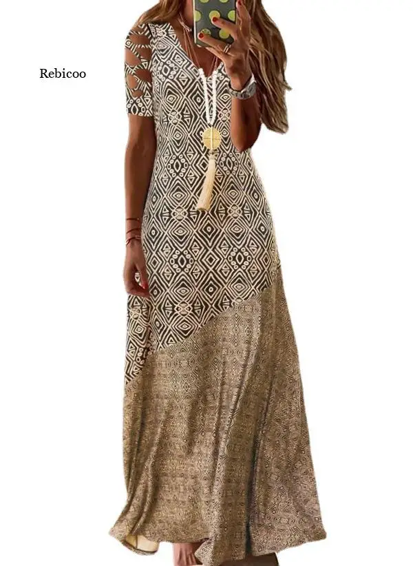 

Summer Bohemian Women Stitching Sleeveless Dress Muslim Female Printed Dress Casual Holiday Loose Dress Streetwear