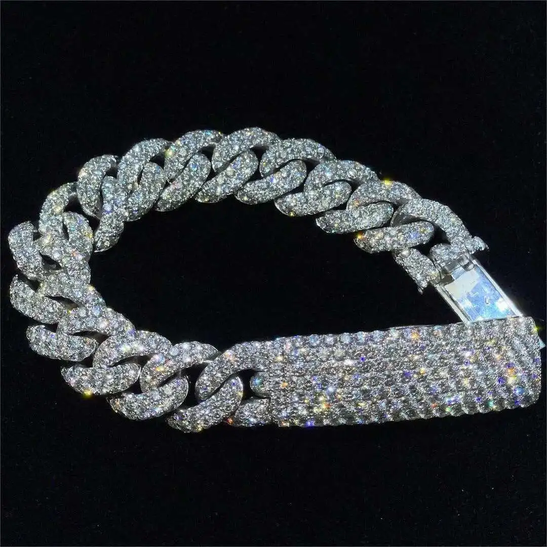 

13MM VVS Moissanite Diamond 2 Rows Cuban Bracelet 925 Sterling Silver Hiphop Iced Out Moissanite Cuban Bracelet