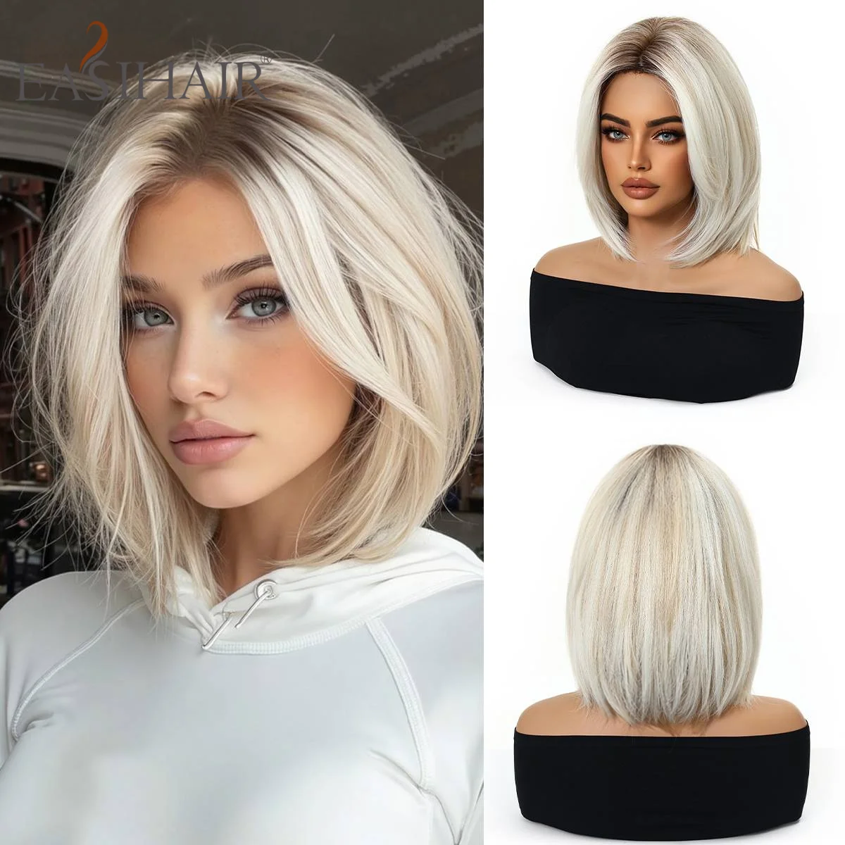 Platinum Blonde Brown Ombre Short Straight Bob Wig With Side Part Heat Resistant Synthetic Hair Natural Wigs for Women Daily