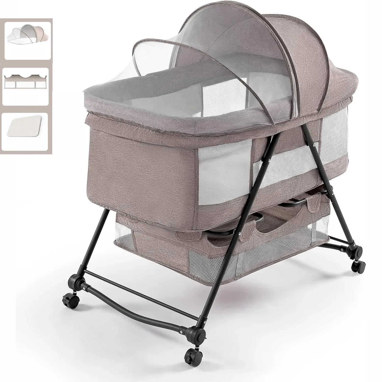 

Baby Travel Cot, Bassinet with 4 Wheels, Easy Folding Bedside Sleeper Crib with Breathable Side Net and Storage Basket, Mattress