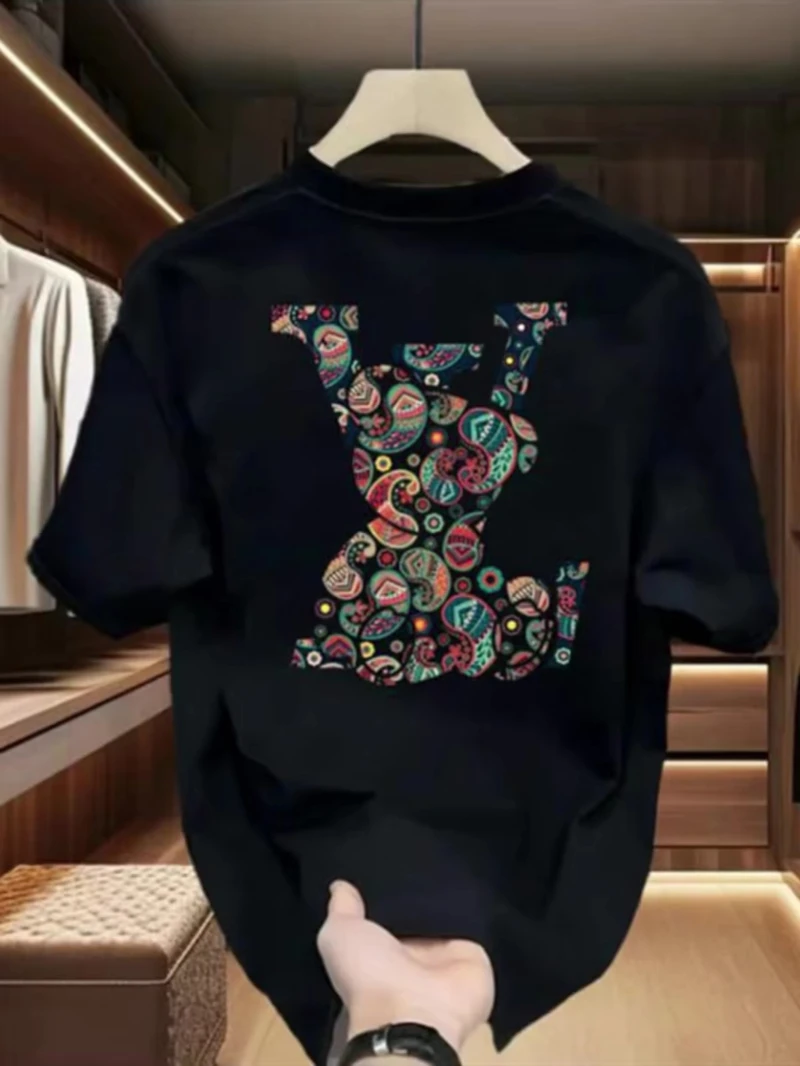 أحدث تي شيرت قطني بأكمام قصيرة مطبوع عليه زهرة الكاجو لعام 2025 تي شيرت صيفي غير رسمي