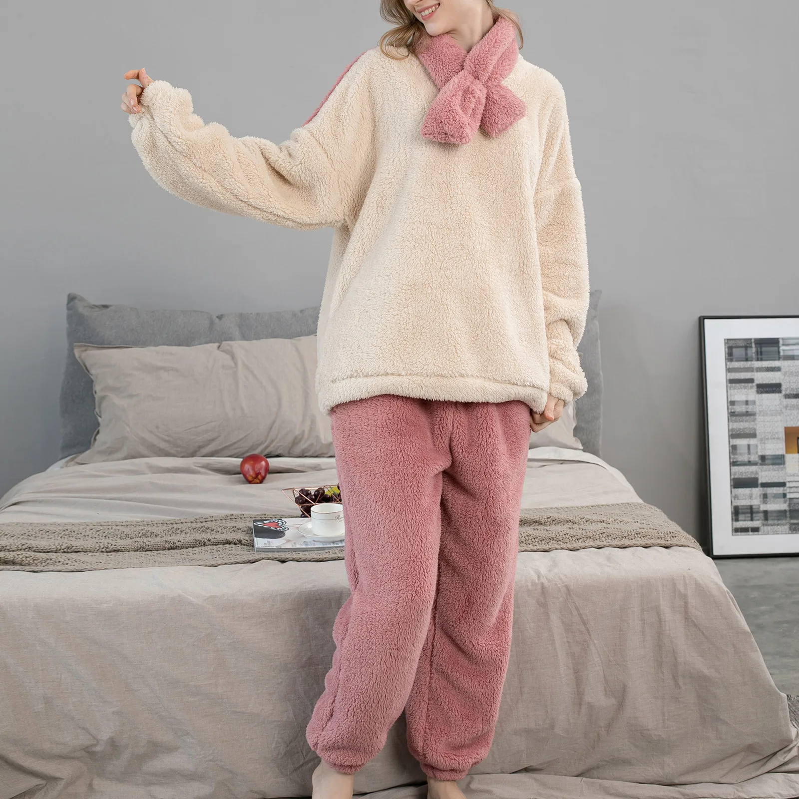 Conjunto de pijama feminino de inverno, pijama coral grosso, calça de veludo quente, roupa de casa, noite, fofo, rosa, 2 peças, 2023