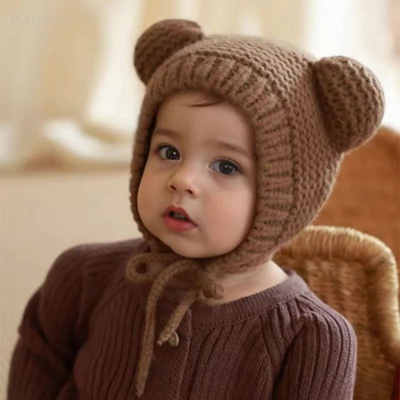 

0-2Y Baby Hats Korean Children's Bear Ear Knitted Ear Protect Hat Autumn and Winter New Babies Boys Girls Soft and Warm Hats
