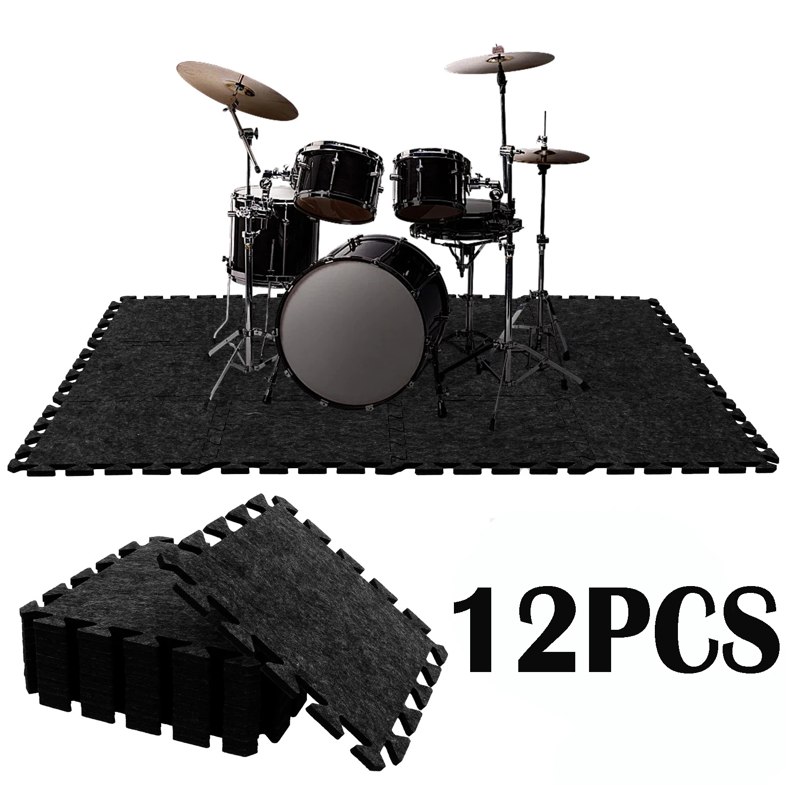 

12Pcs Sound Absorbing Interlocking Floor Mats Non Slip Soundproof Drum Rug Cuttable Felt Acoustic Pads for Piano Drum for Gym