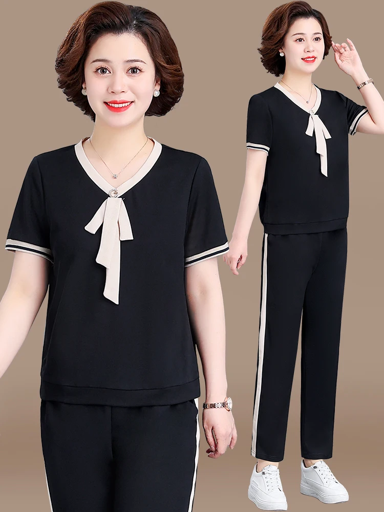 

Летний повседневный спортивный комплект из ледяного шелка: футболка с коротким рукавом и свободный топ для мам среднего возраста, большие размеры