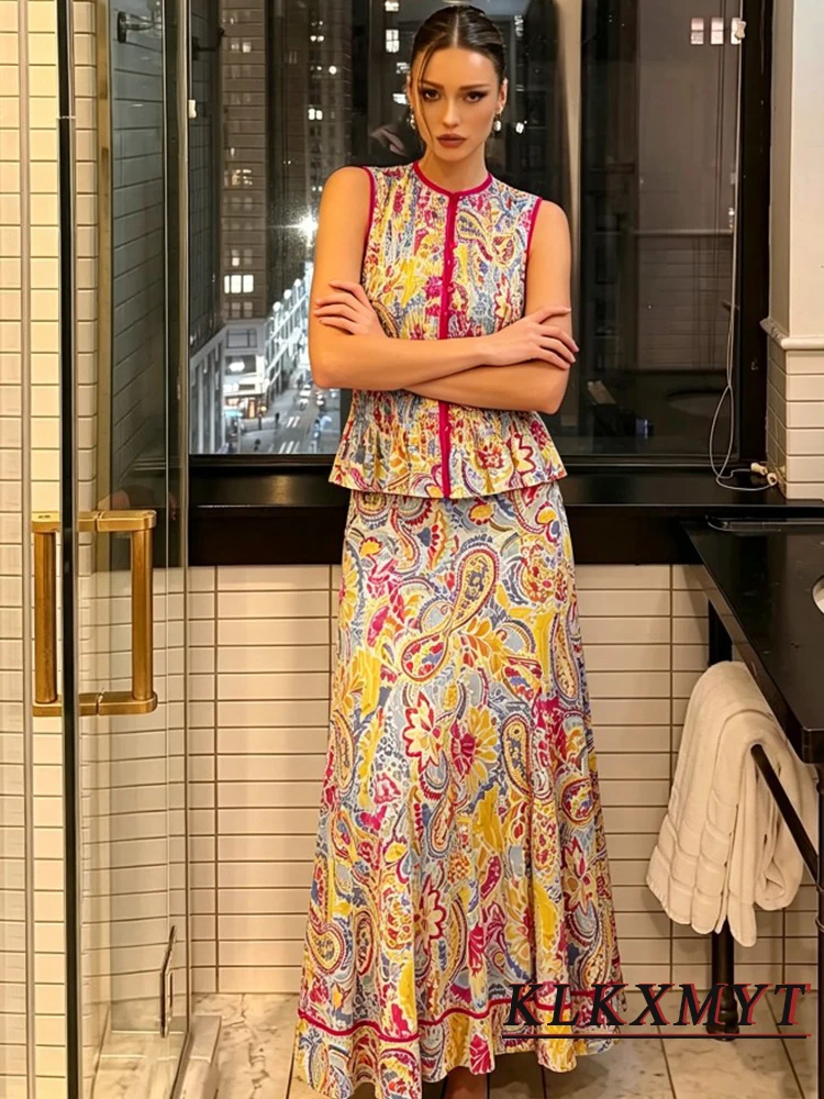 Women Fashion Flower Print Hollowed-Out Sets Sexy Sleeveless O-Neck Button Slim Top+Long Skirts Summer Vacation New 2 Pieces image 2