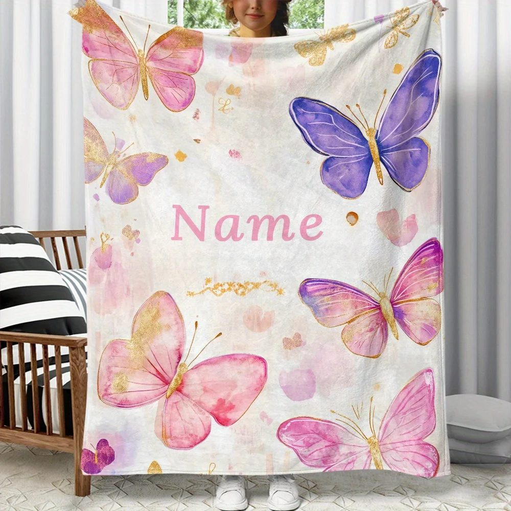 Custom name colourful butterfly flannel blanket, suitable for sofa, bed, Halloween, birthday, for children, girls, friends, gift