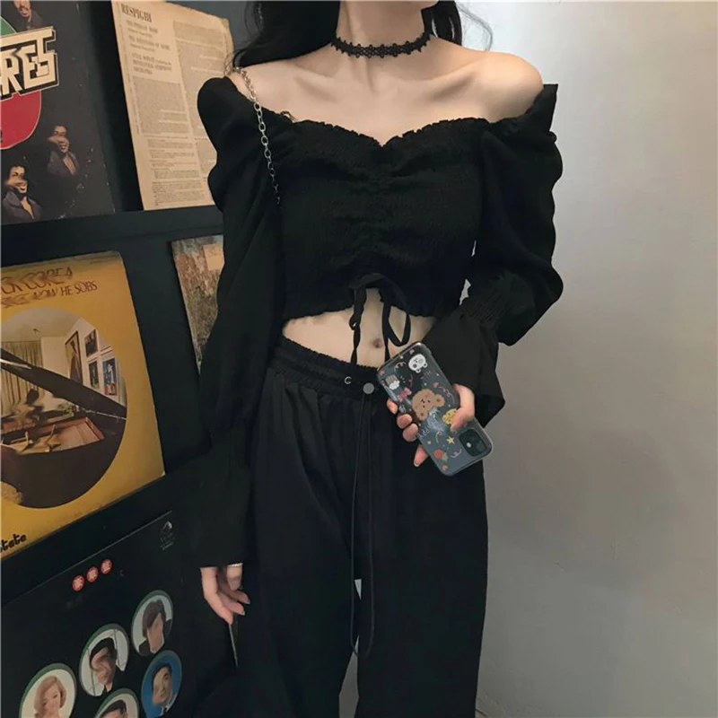 Cropped Slash Neck Shirts Women Streetwear Black Shirring Long Sleeve Blouses Summer Korean Elegant Sexy Off Shoulder Crop Tops