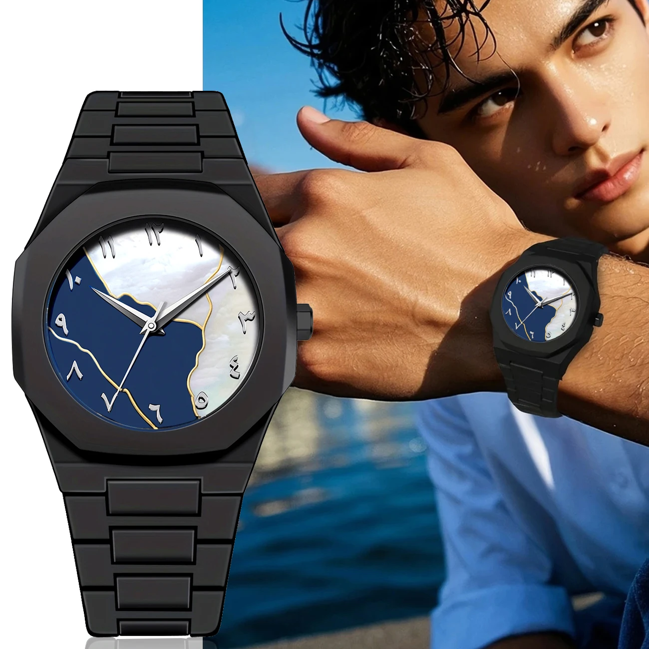 PINTIME New High-End Watches Black Quartz Watch Men's Trend Graffiti Art Quartz Watches Minimalist Business PC Strap