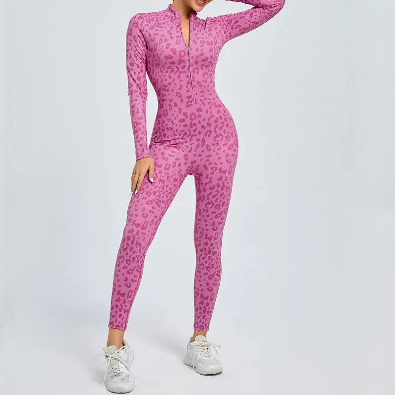 HELLOMARCEL Top Quality EU US Size Zipper Long Sleeve Yoga Jumpsuit for Women Leopard Print Fitness Dance Training Bodysuit