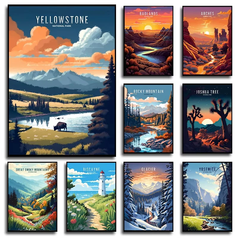 (1pc frameless)National Parks Landscape Travel City Poster Bryce Canyon Mount Yellowstone Canvas Printing Print Wall Art Pict