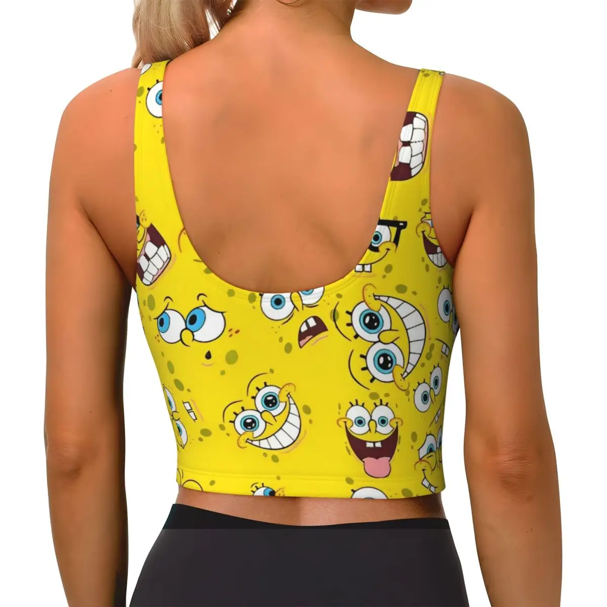 SpongeBobed Anime Cartoon Workout Tank Tops For Women Padded Medium Support Fitness Sports Bra With Removable Cups