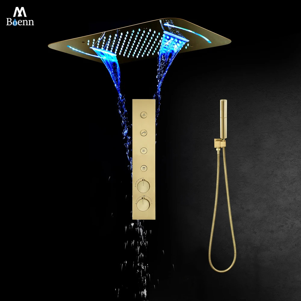 M Boenn  Brushed Gold Smart LED Shower System Embedded High Pressure Rain LED Showerheads Bathroom Thermostatic Shower Faucets