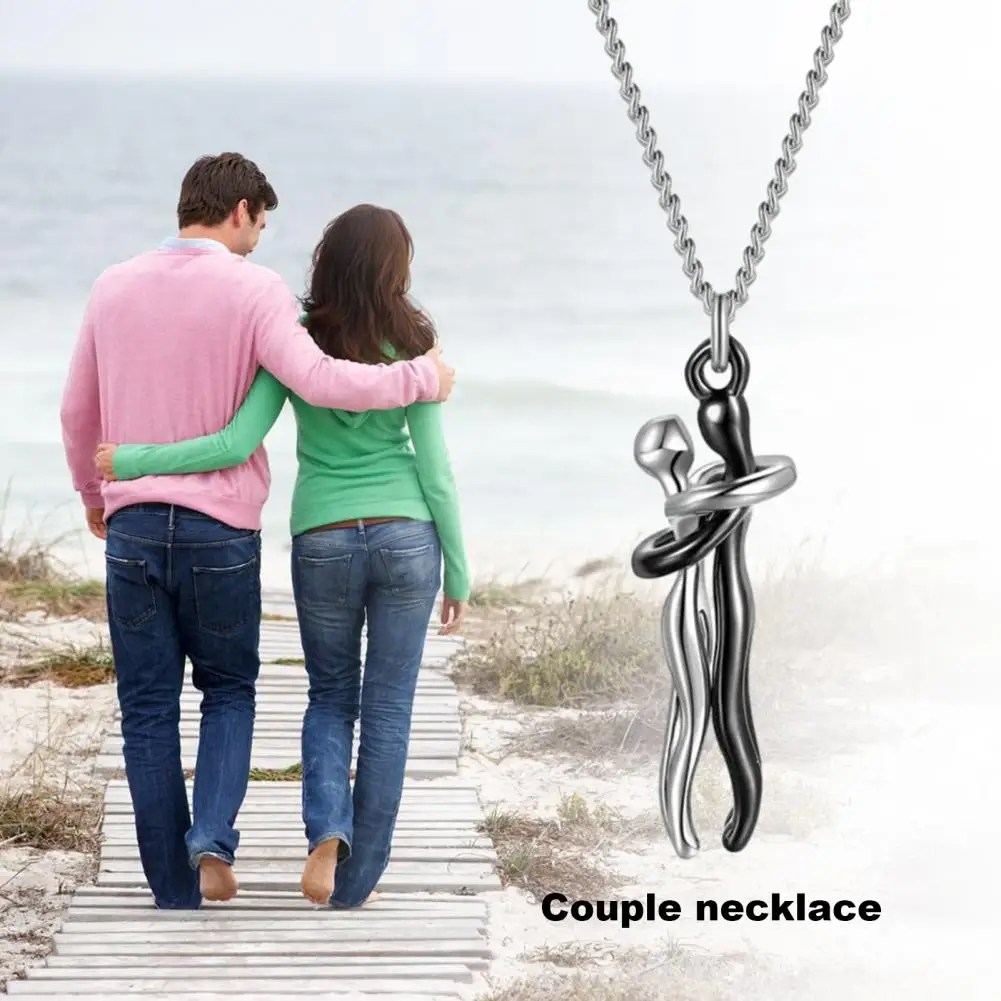 Polished Pendant Necklace Hip Hop Embrace Couple Pendant Necklace Adjustable Length Him Her Hugging Jewelry for Anniversary