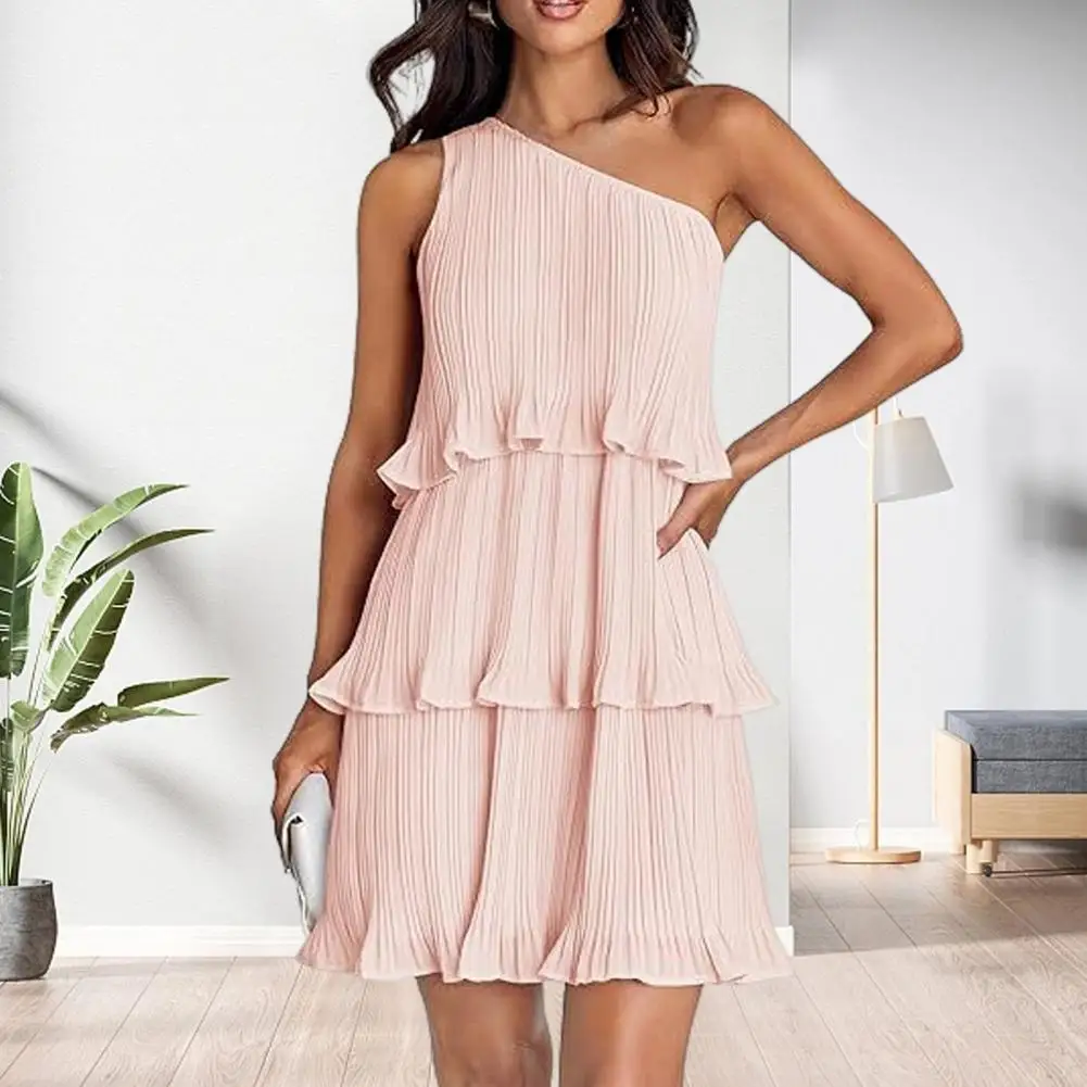 Summer Women Dress One Shoulder Sleeveless Dress Ruffle Tiered Multi-layer Pleated Loose Beach Party Prom Banquet Mini Dress