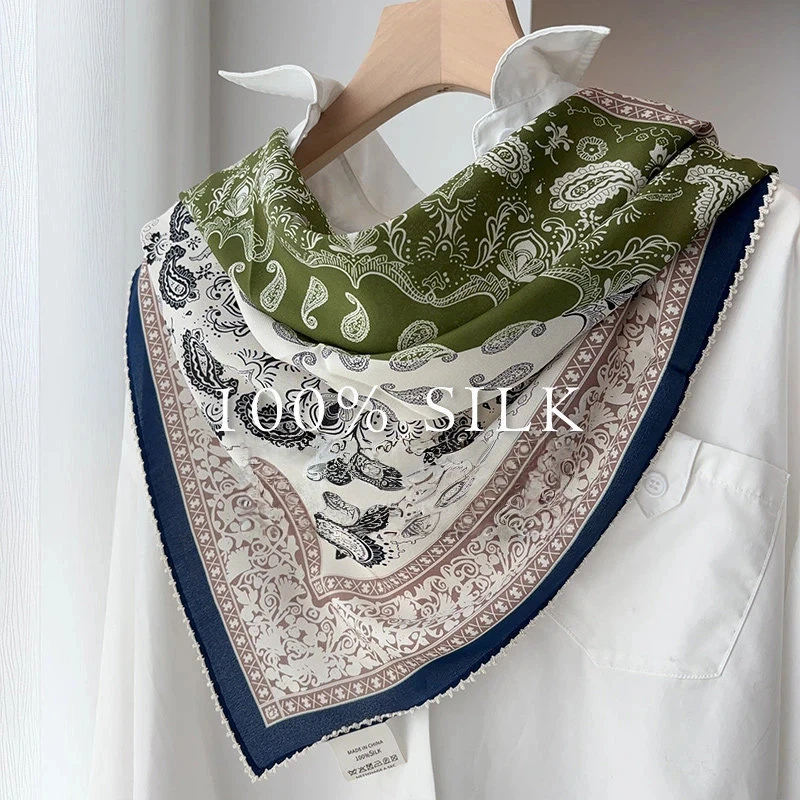 

2026 Original luxury scarves 100% silk neck scarf ethnic design green Paisley print square scarf Ladies scarf accessories