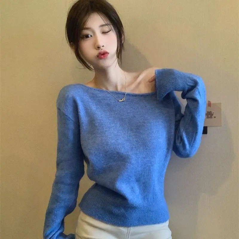 Autumn Winter Sweaters Women Tops Skew Collar Solid Korean Fashion Short Pullovers Versatile Chic Elegant Pulls Femmes