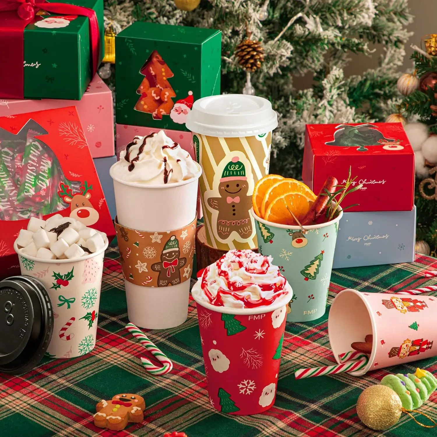 50 Pack 16 oz Christmas Disposable Coffee Cups with Lids, Sleeves, Leak-Proof To Go Coffee Cups with Lids, Durable Holiday
