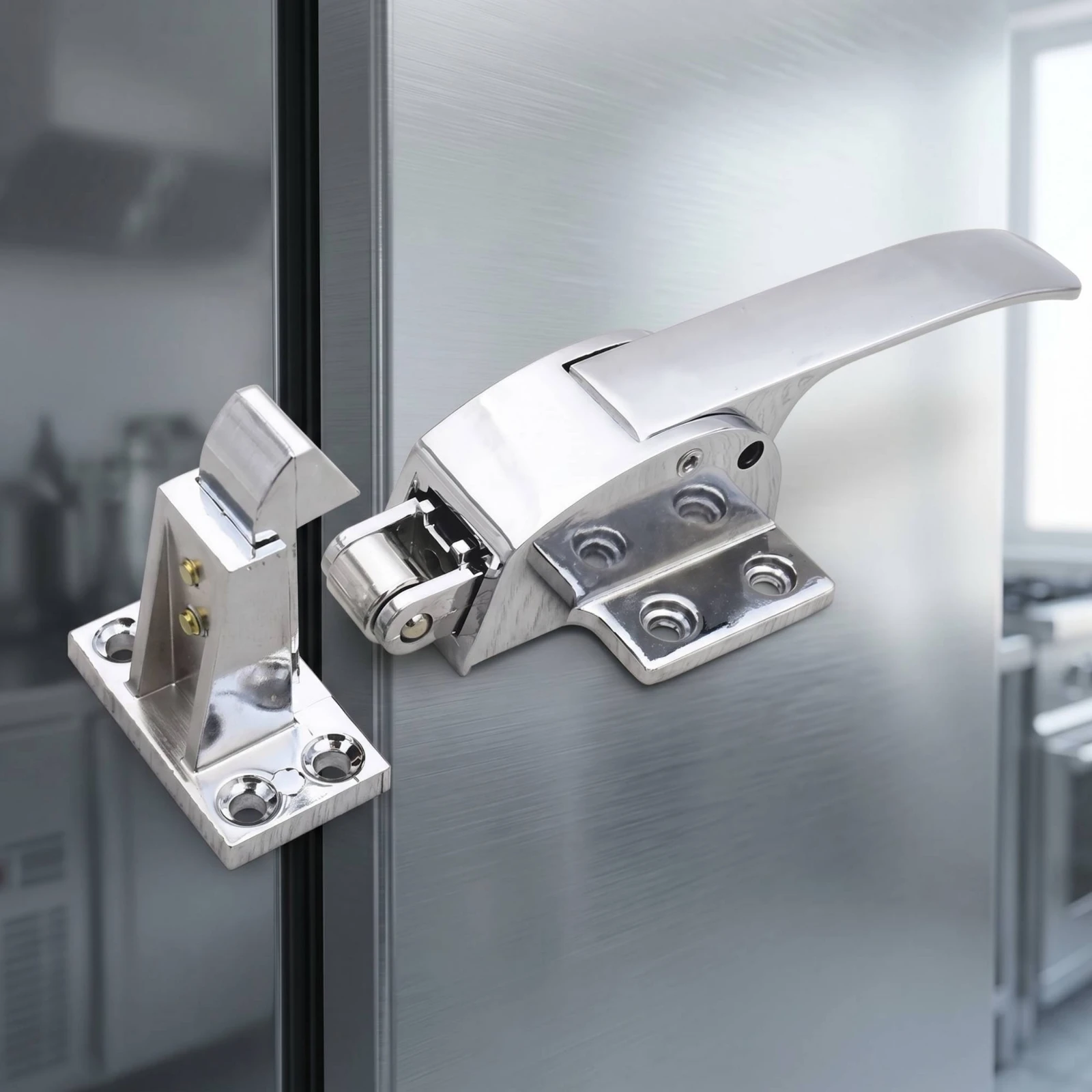 Latch Handle with Strike Block Polished Silver Door Latch with Strike Hardware Lever-Style Compact for Refrigerator, Freezer