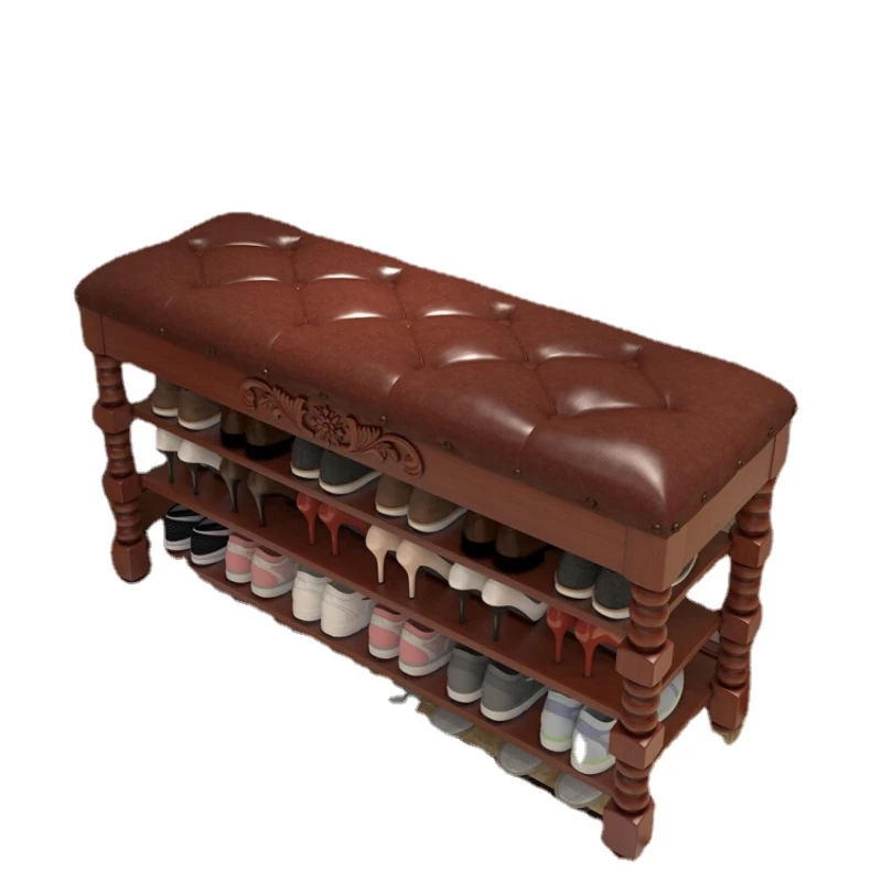 Wooden Shoe Rack Sitting  Changing Stool Multi-Layer Shelf  Storage Entry Shoe Cabinet