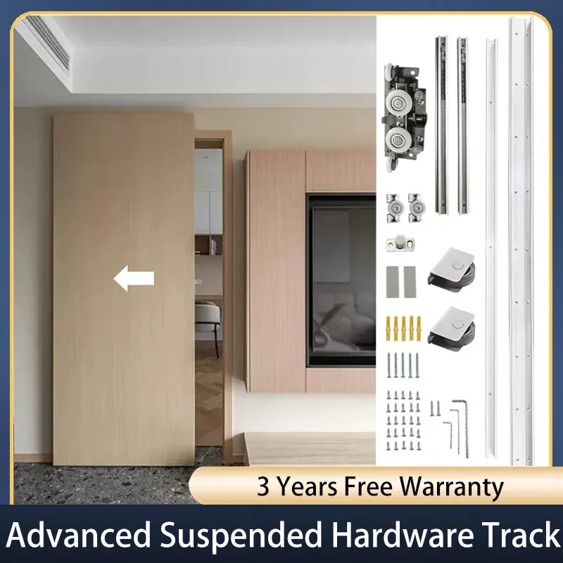 Hidden Sliding Door Hardware Kit - Ghost Door Barn Door Track with Two-Way Buffer Accessories for Doors 700mm-1500mm Width