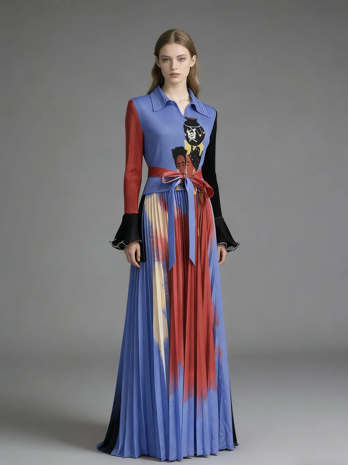 2026 New African Miyake Pleated Suit Printed Top Pleated Skirt Two-piece Set Long-sleeved Fashion Women's Clothing