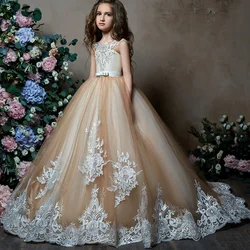 Lace Appliques Flower Girls Dresses Puffy Tulle A-Line Sequin Floor-Length Pageant Gown Simple Backless Bow Birthday Party Dress