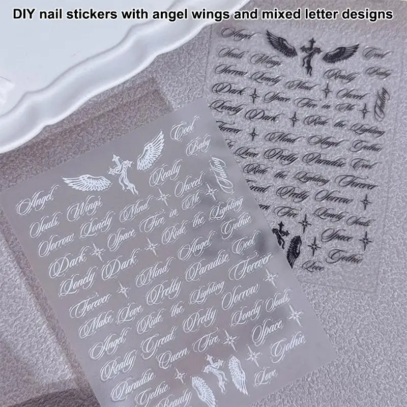 Letter Nail Stickers Black White Angel Wings 3D Alphabet Pattern Mixed Design Nail Art for Salon Home Manicure
