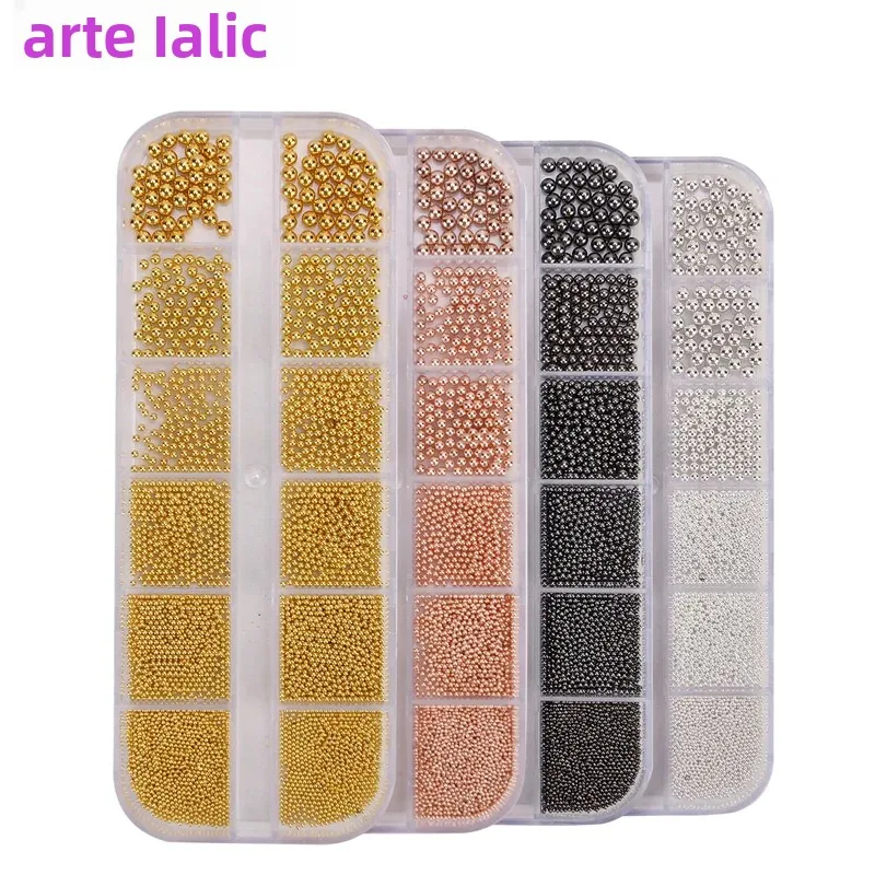 Acessórios metálicos da arte do prego dos grânulos do caviar de 12 compartimentos, grânulos do prego do metal com caixa para a decoração do prego