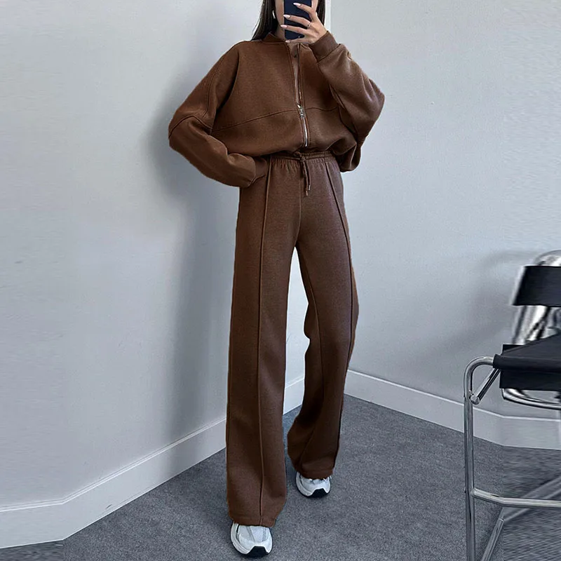 Autumn Slim Set Women Casual Solid High Street Suit Fashion Winter Zip Long Sleeve Sweatshirt Tops & Drawstring Pant Set Outfit