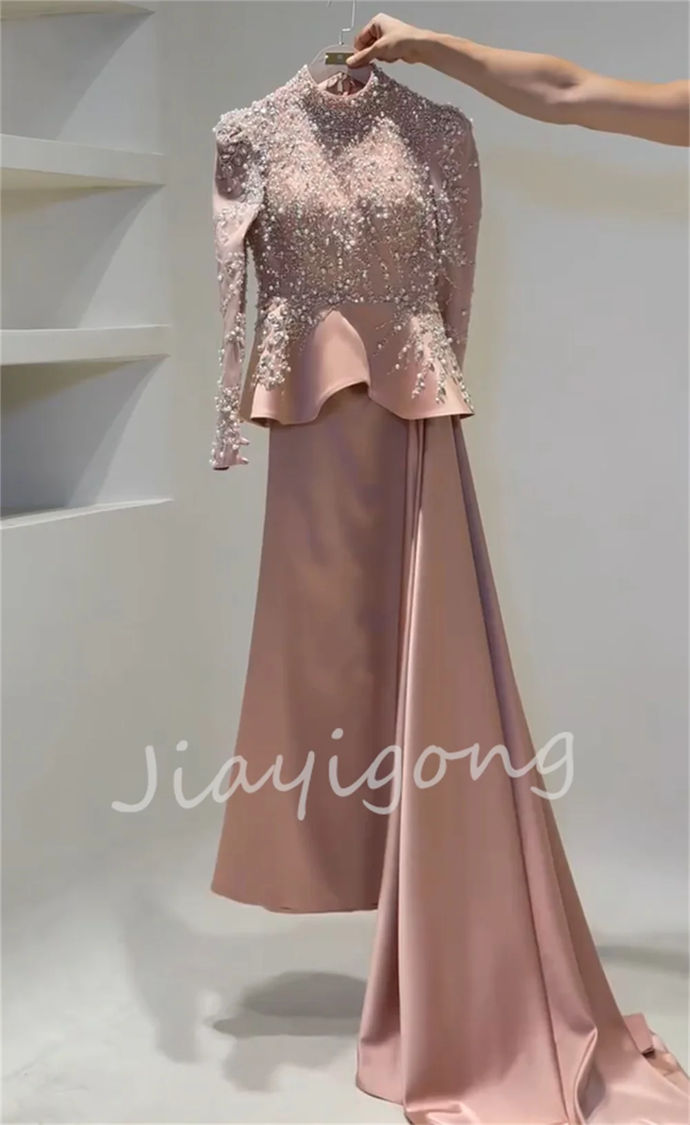 Customized Chinese Style Charmeuse Sequined Pattern Pearl Trumpet High Collar Long Bespoke Occasion Party Dresses