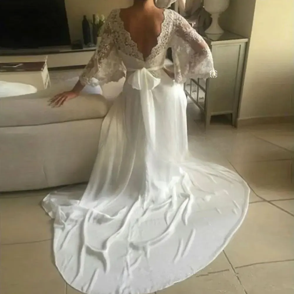 Charmante Chiffon Spitze böhmischen Brautkleid eine Linie tauchen V-Ausschnitt lange Ärmel Vintage Boho griechischen Stil Strand Land verheiratet