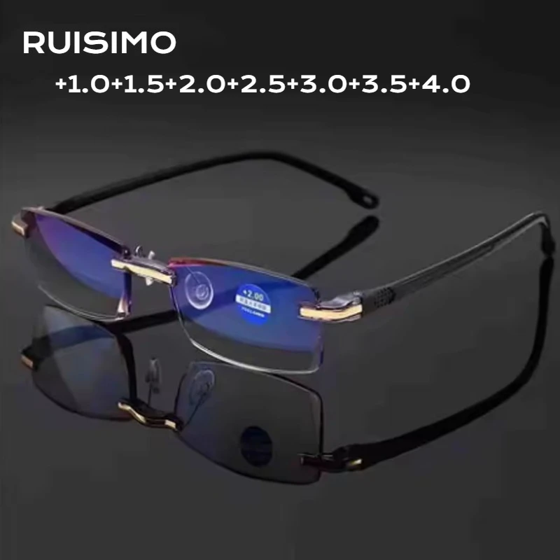 Randlose Lesebrille Für Männer Frauen Retro Platz Ultraleicht Anti Blau Licht Brillen Presbyopie Optische Brillen Harz Len