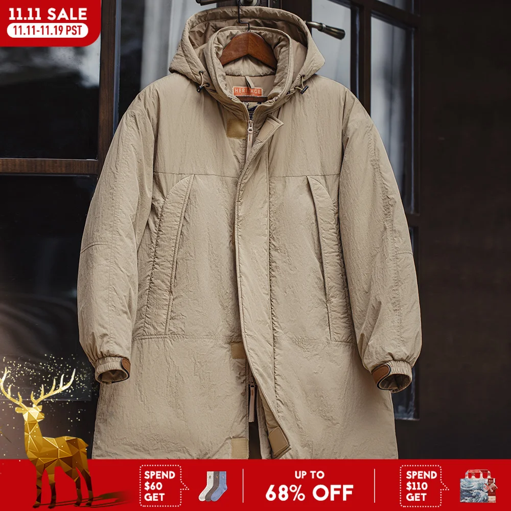 Maden jaqueta vintage de comprimento médio com enchimento de algodão cor caqui com capô jaqueta Pcu Level'7 para homens inverno quente clássica parka capô removível versátil para o dia a dia
