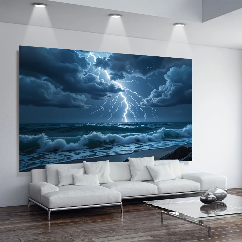 1pc Polyester Ocean Rainstorm Lightning Tapestry - Raging Sea Waves & Gloomy Sky Background with Dramatic Skyline, Ideal for Bed