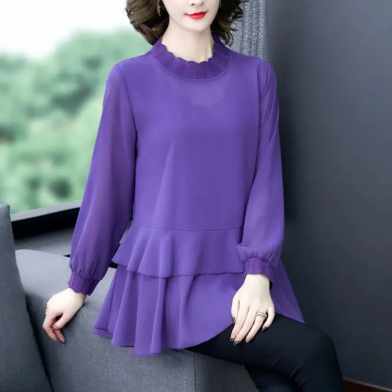 

Fashion Solid Color Folds Ruffles Chiffon Blouse Women Clothing Autumn New Oversized Casual Pullovers Loose Commute Shirt E515
