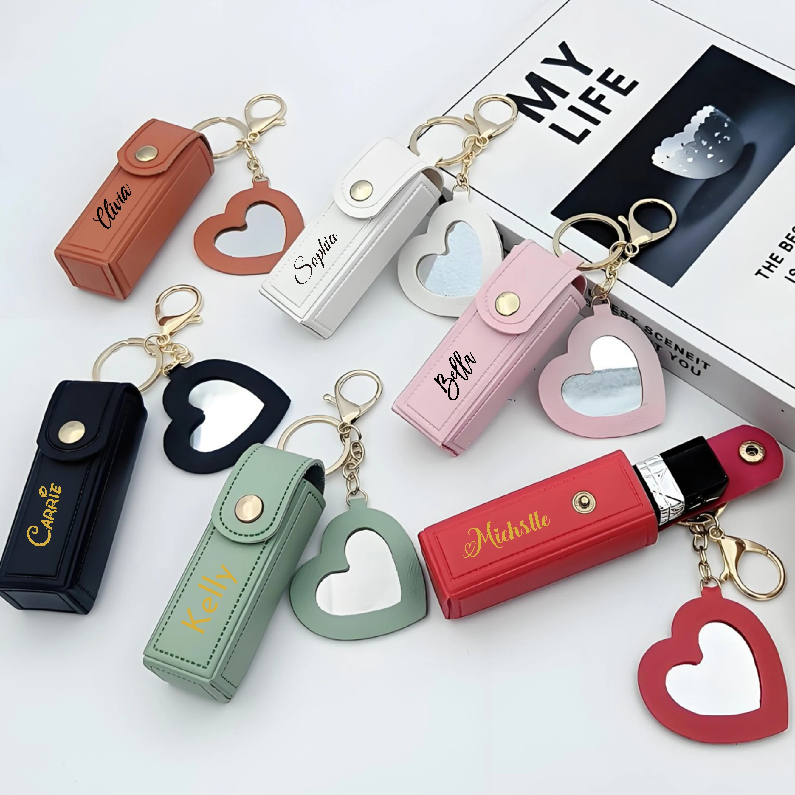 Personalized Faux Leather Lipstick Bag Keychain,Lipstick Case with Mirror,Custom Name Anti lost Storage Bag,Valentine's Day Gift
