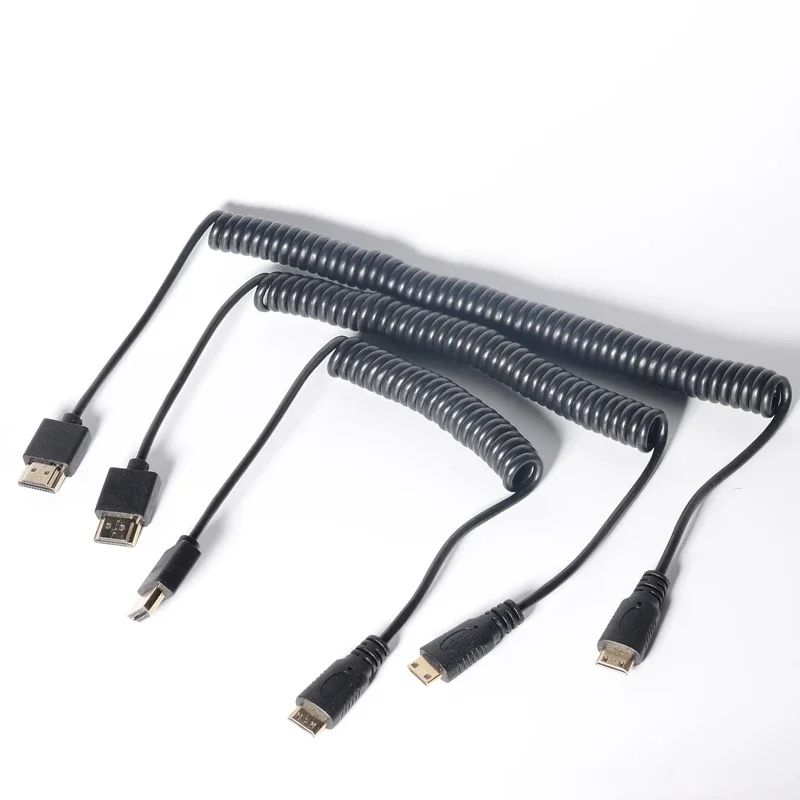 Micro HDMI to HDMI to Mini HDMI Ultra thin 4k@60hz Portable short thin hdmi2.0 coiled stretch Spring Curl Flexible Cable