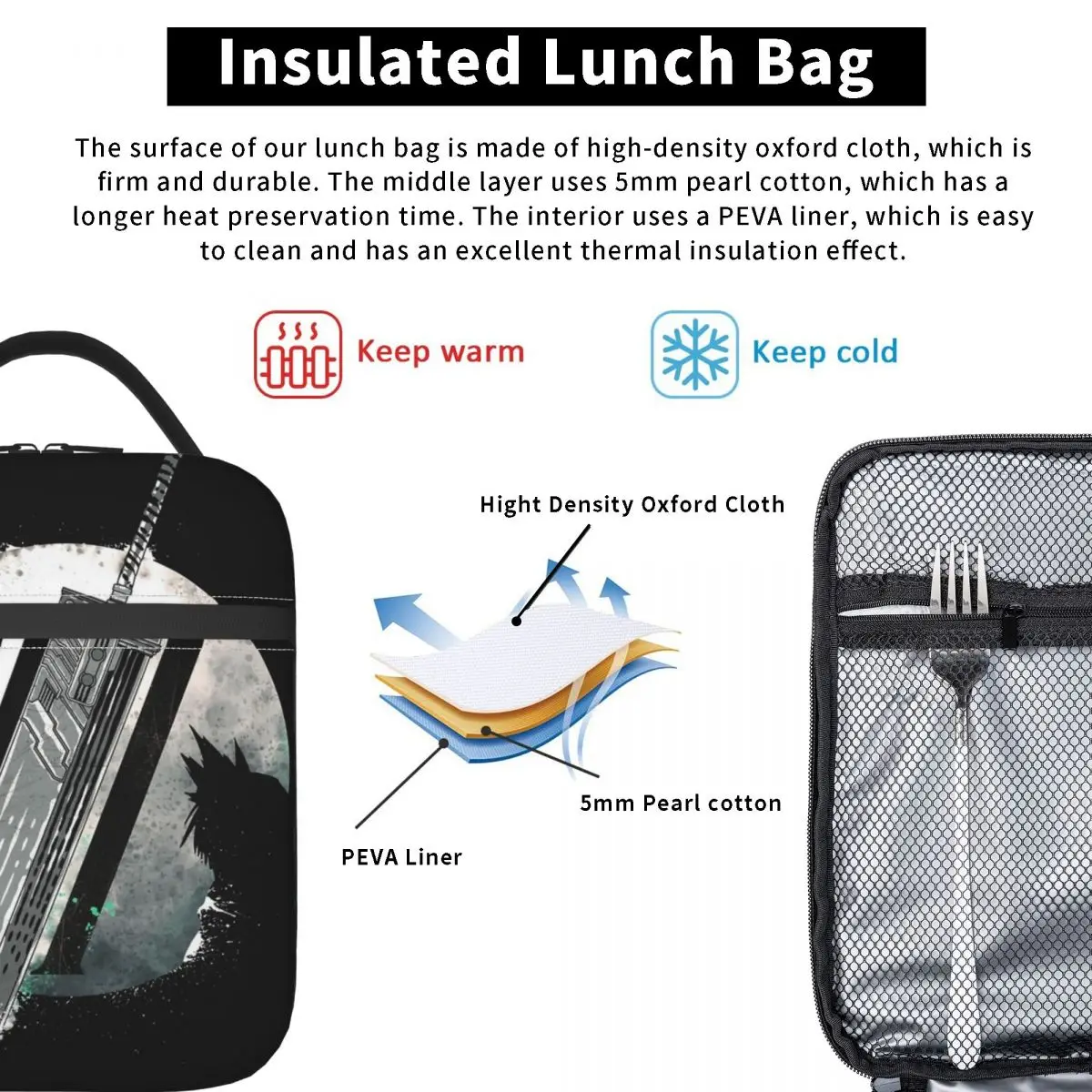 الخيال تولد من جديد FF7 حقيبة الغداء للطفل طباعة صندوق الغداء مضحك مكتب حقيبة للحفاظ على البرودة مريحة أكسفورد حمل أكياس الغذاء