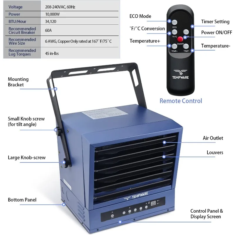 Elektrische garageverwarmer, digitale ventilator van 10.000 watt, getwongen met afstandsbediening met volledig functionele afstandsbediening, 240 volt bedrade verwarming met 12-uurs timer