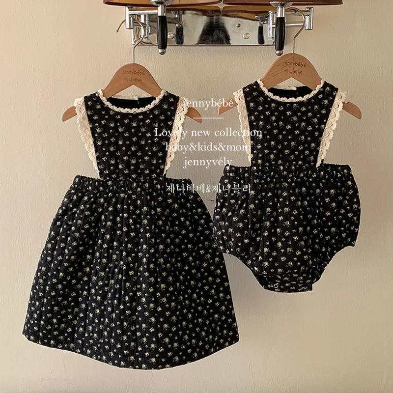 2024 New Winter Sister Clothes 2-6Yrs Girl Party Dress Sleeveless Print Thicken Warm Kids Princess Dresses Baby Girl Romper