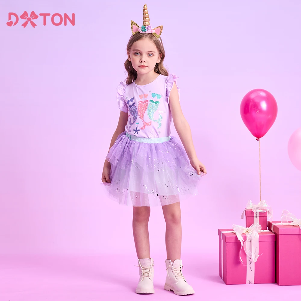 

DXTON Kids Princess Clothing Set Ruffles Sleeve Girls T-shirt With Tutu Skirts 2PCS Summer Girls Suit Mermaid Tops & Mesh Skirts