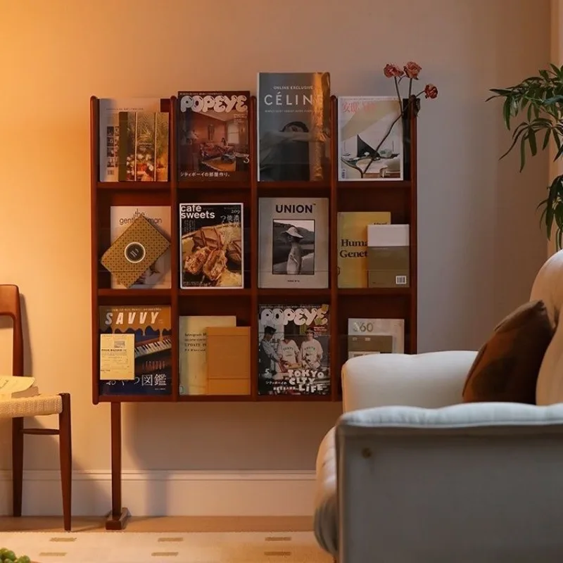 

Magazine rack Medieval solid wood reading bookshelf Japanese display rack Creative acrylic floor-to-ceiling newspaper CD shelf