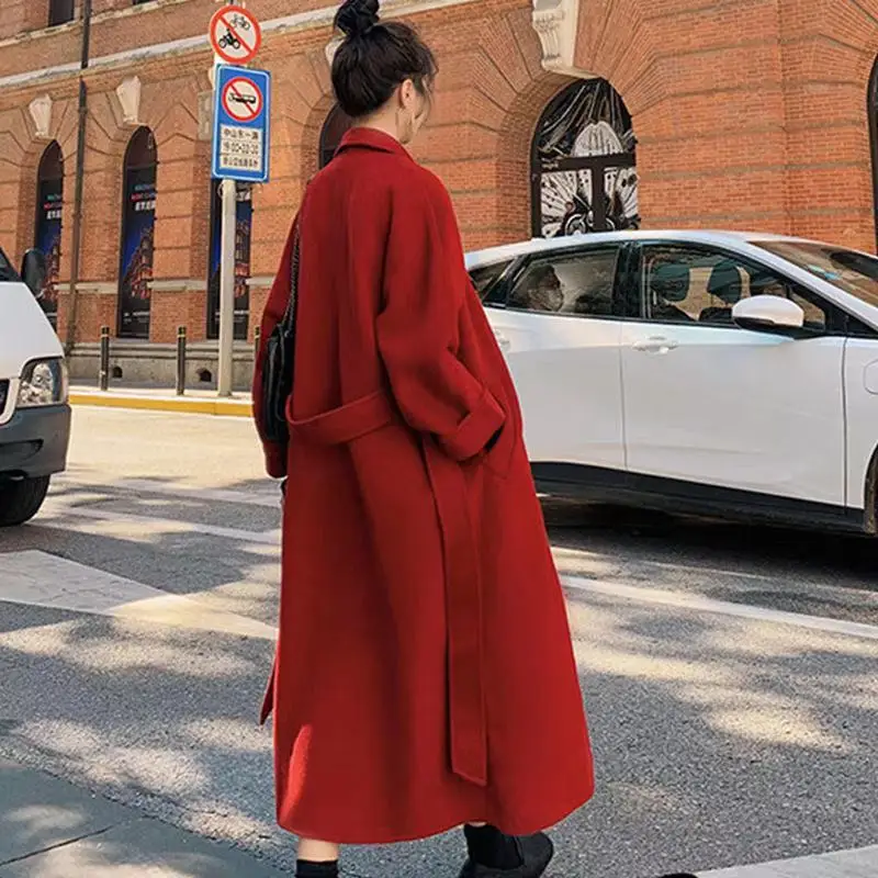 한국 여성 용수철 가을 블랙 루즈 롱 울 코트, 벨트 모직 오버코트, 스플릿 밑단 가디건, 아우터 웨어 3XL