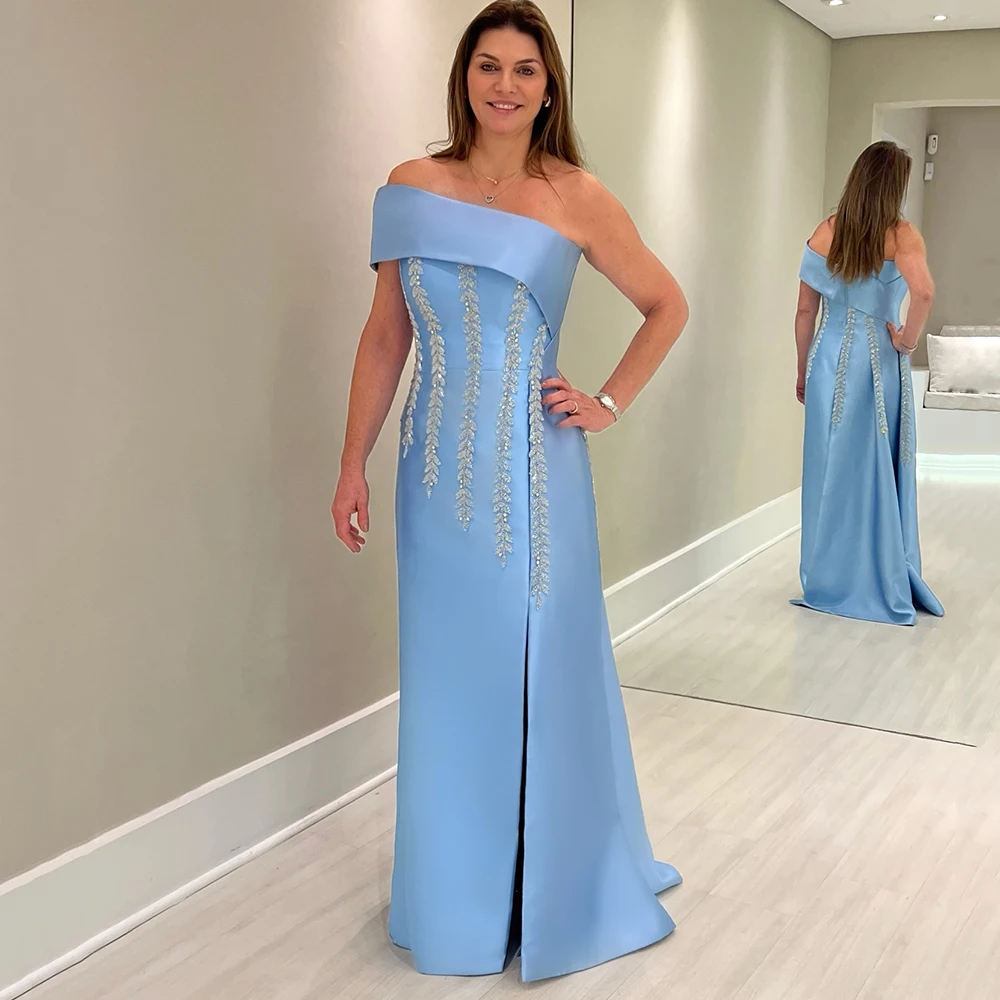 Personalizado de um ombro céu azul cetim vestido de noite sem mangas com cristal sem costas vestido de festa a linha até o chão vestidos de baile