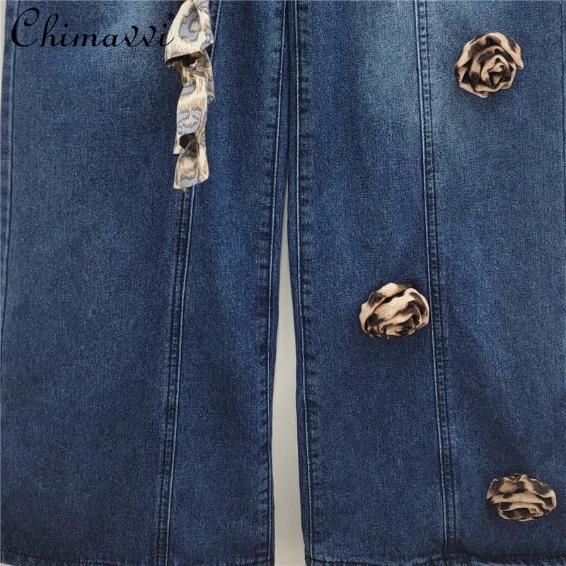 2024 Autumn New Fashion Design High Waist Diagonal Placket 3D Flower Decorative Jeans Women High Street Loose Wide-leg Pants