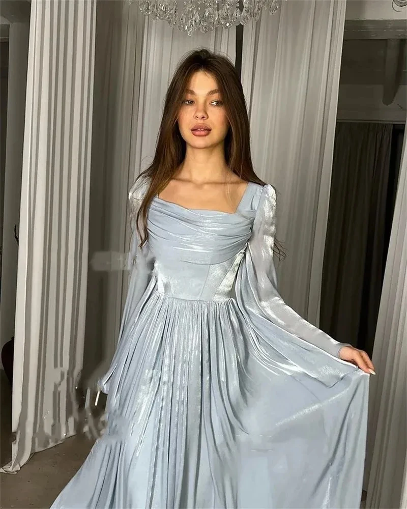 Saudi Arabia Prom Dresses Sky Blue Evening Dresses Pleated Long Sleeves Organza A-Line Square Collar Wedding Party Gowns Women