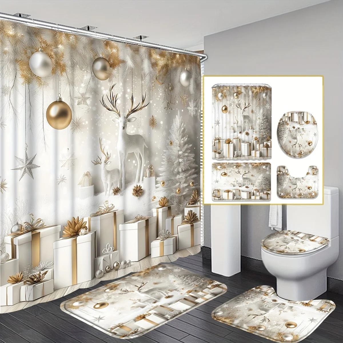 4Pcs Xmas Bath Set, Gold Christmas Theme, Shower Curtain, 12 Hooks, Non-Slip Mat, U-Shaped Cover, Holiday Bath Decor