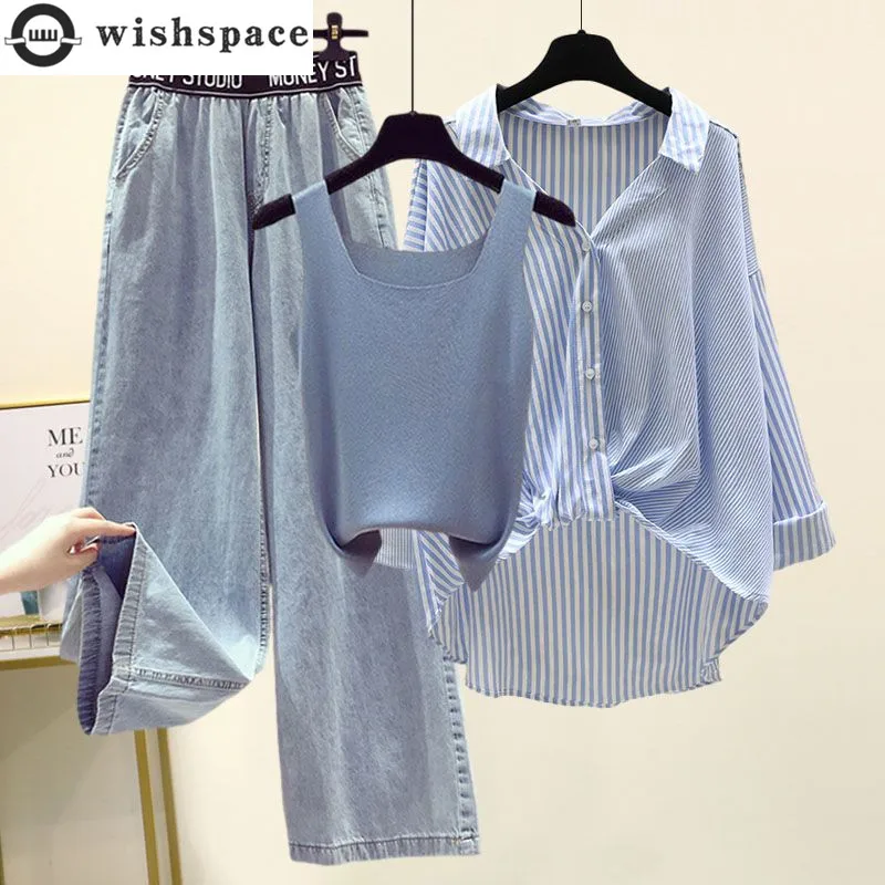 

Striped Chiffon Shirt Elastic Waistcoat Wide Leg Jeans Three-piece Elegant Women Pants Set Summer Outfits Street Tracksuit