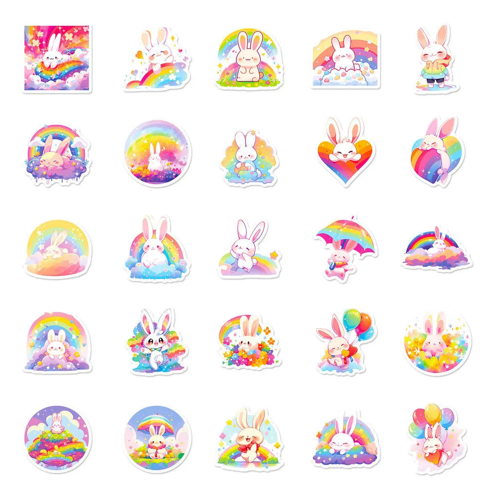 50 قطعة من ملصقات الكتابة على الجدران المقاومة للماء على شكل أرنب قوس قزح اللطيفة لخوذة الدراجة اليدوية مقلمة الشارات
